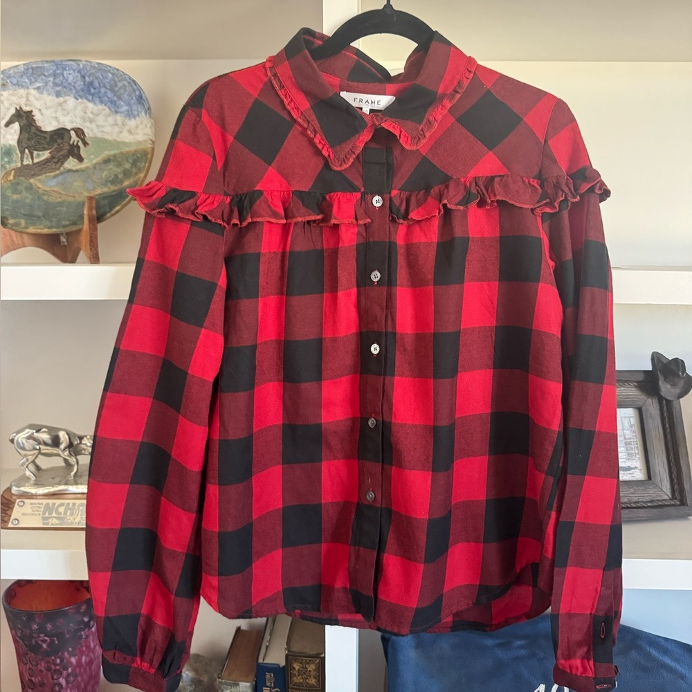 Frame Buffalo Plaid Button Down Shirt Ruffled Trim